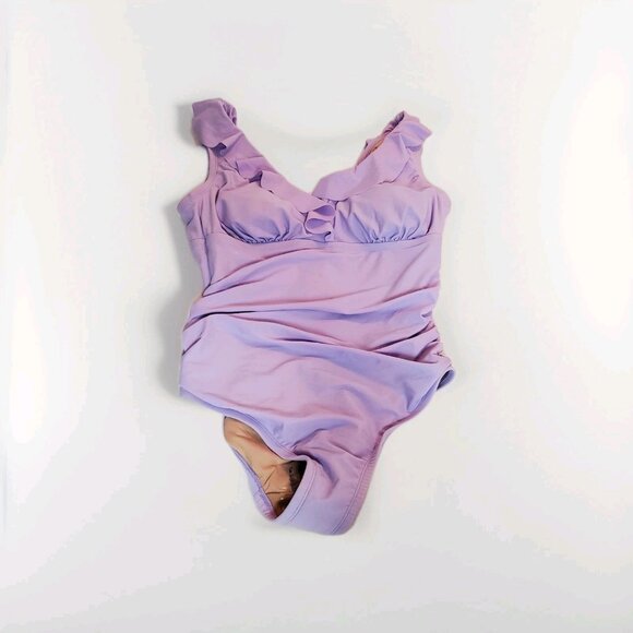 Women's Ruffle Plunge One Piece Swimsuit Shade & Shore Lavender Purple Size 16 - Picture 7 of 8